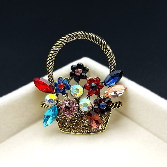 Yellow Gold with Multicolored Crystal Flower Basket Pin Back Brooch - Picture 2 of 7